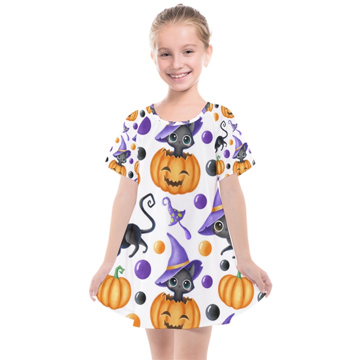 Halloween Cat Pattern Kids  Smock Dress