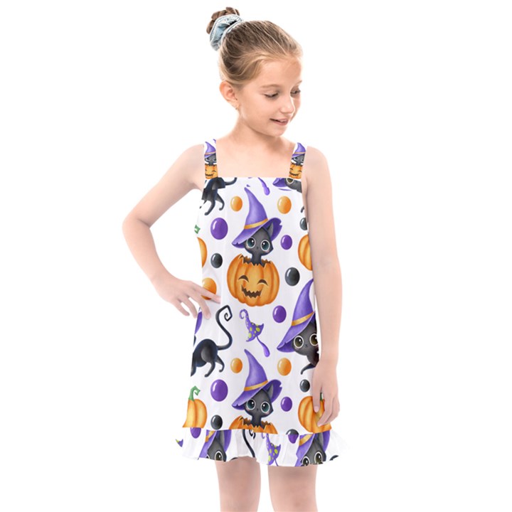 Halloween Cat Pattern Kids  Overall Dress