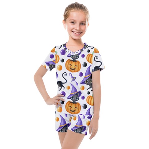 Halloween Cat Pattern Kids  Mesh Tee And Shorts Set by designsbymallika