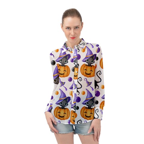 Halloween Cat Pattern Long Sleeve Chiffon Shirt by designsbymallika