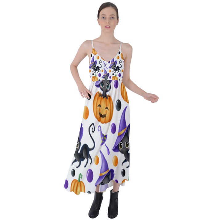 Halloween Cat Pattern Tie Back Maxi Dress