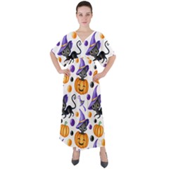 Halloween Cat Pattern V-neck Boho Style Maxi Dress by designsbymallika