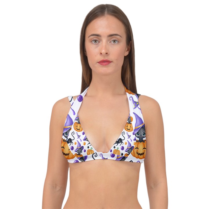 Halloween Cat Pattern Double Strap Halter Bikini Top