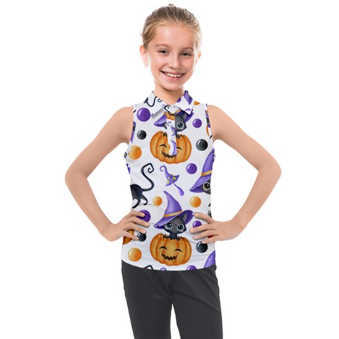 Halloween Cat Pattern Kids  Sleeveless Polo Tee by designsbymallika