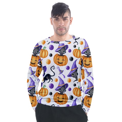 Halloween Cat Pattern Men s Long Sleeve Raglan Tee by designsbymallika