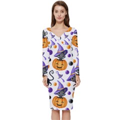 Halloween Cat Pattern Long Sleeve V-neck Bodycon Dress  by designsbymallika