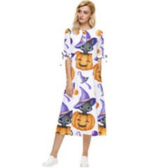 Halloween Cat Pattern Bow Sleeve Chiffon Midi Dress by designsbymallika