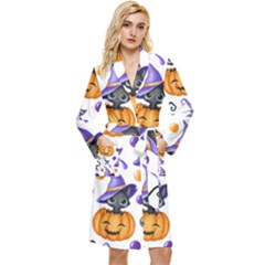 Halloween Cat Pattern Long Sleeve Velour Robe by designsbymallika