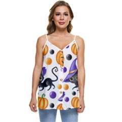 Halloween Cat Pattern Casual Spaghetti Strap Chiffon Top