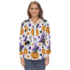 Halloween Cat Pattern Zip Up Long Sleeve Blouse