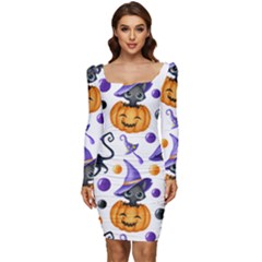 Halloween Cat Pattern Women Long Sleeve Ruched Stretch Jersey Dress