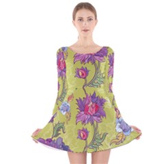 Blue Purple Floral Pattern Long Sleeve Velvet Skater Dress