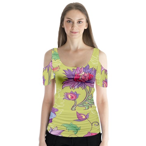 Blue Purple Floral Pattern Butterfly Sleeve Cutout Tee  by designsbymallika