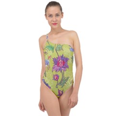 Blue Purple Floral Pattern Classic One Shoulder Swimsuit by designsbymallika