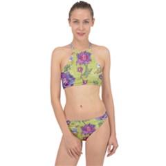 Blue Purple Floral Pattern Racer Front Bikini Set by designsbymallika