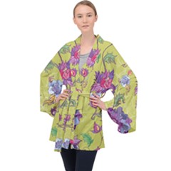 Blue Purple Floral Pattern Long Sleeve Velvet Kimono  by designsbymallika