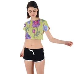 Blue Purple Floral Pattern Tie Back Short Sleeve Crop Tee by designsbymallika