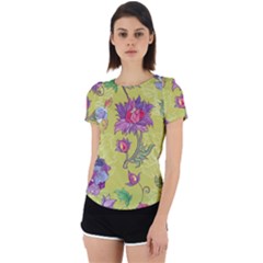 Blue Purple Floral Pattern Back Cut Out Sport Tee by designsbymallika