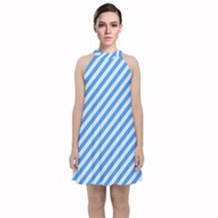 Stripes-lines Blue Velvet Halter Neckline Dress  by nate14shop