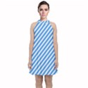 Stripes-lines Blue Velvet Halter Neckline Dress  View1