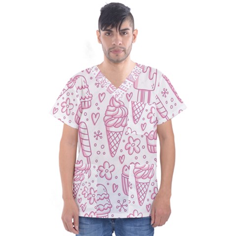 Illustration-pink-ice-cream-seamless-pattern Men s V-neck Scrub Top by nate14shop