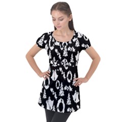 Backdrop-black-white,christmas Puff Sleeve Tunic Top