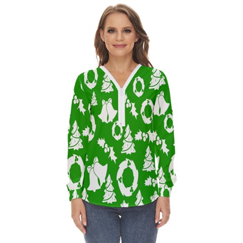 Backdrop-green-white Zip Up Long Sleeve Blouse by nate14shop