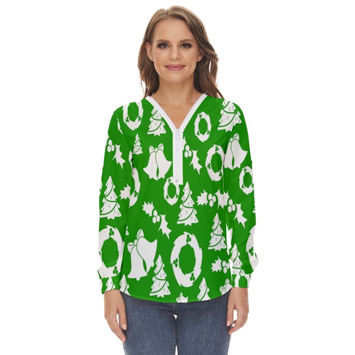 Backdrop-green-white Zip Up Long Sleeve Blouse