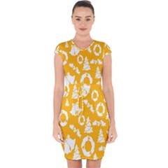 Backdrop-yellow-white Capsleeve Drawstring Dress 