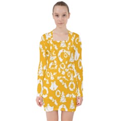 Backdrop-yellow-white V-neck Bodycon Long Sleeve Dress by nate14shop