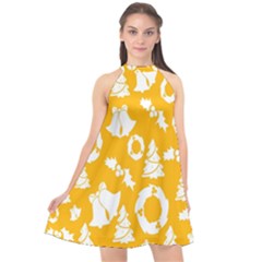 Backdrop-yellow-white Halter Neckline Chiffon Dress 