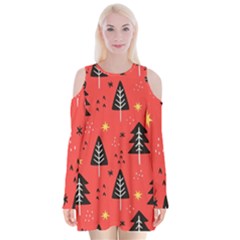 Christmas Tree,snow Star Velvet Long Sleeve Shoulder Cutout Dress by nate14shop