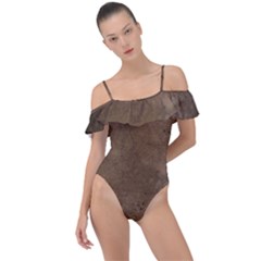 Background-wood Pattern Dark Frill Detail One Piece Swimsuit by nate14shop