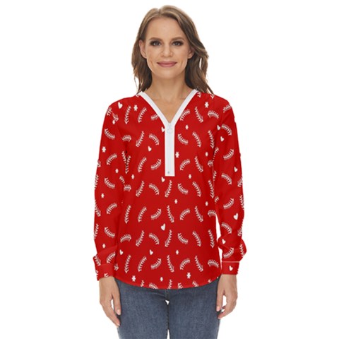 Christmas Pattern,love Red Zip Up Long Sleeve Blouse by nate14shop