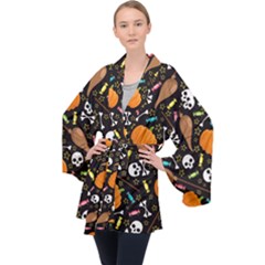 Halloween Pattern 3 Long Sleeve Velvet Kimono  by designsbymallika