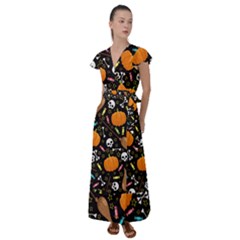 Halloween Pattern 3 Flutter Sleeve Maxi Dress by designsbymallika