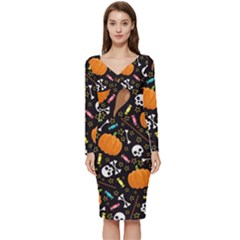 Halloween Pattern 3 Long Sleeve V-neck Bodycon Dress  by designsbymallika