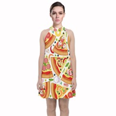 Pizza Love Velvet Halter Neckline Dress  by designsbymallika