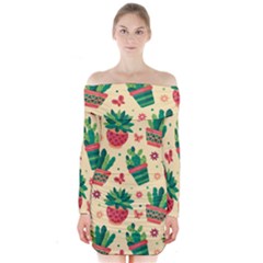 Cactus Love 5 Long Sleeve Off Shoulder Dress by designsbymallika