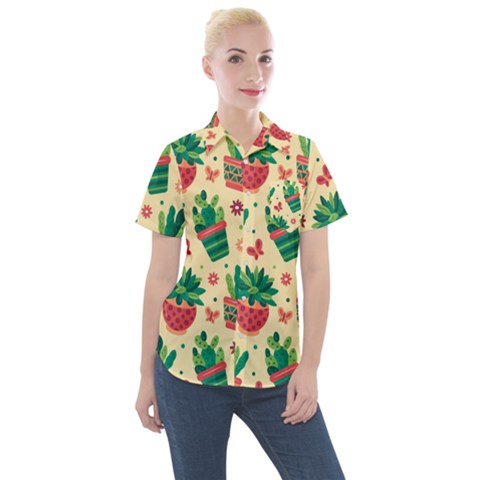 Cactus Love 5 Women s Short Sleeve Pocket Shirt by designsbymallika