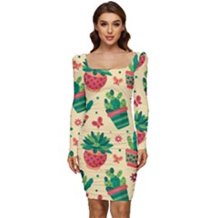 Cactus Love 5 Women Long Sleeve Ruched Stretch Jersey Dress by designsbymallika