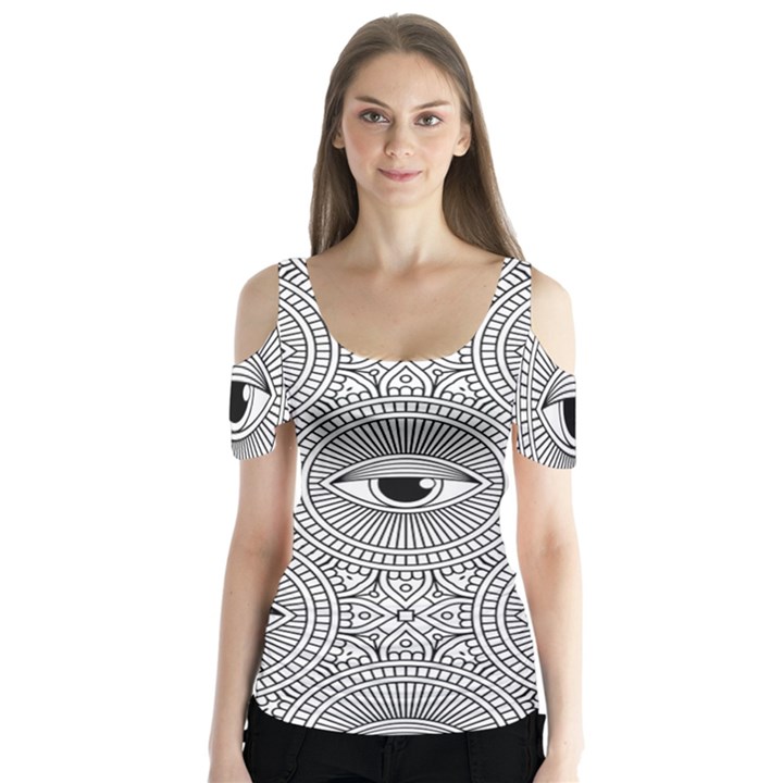 Eye Pattern Butterfly Sleeve Cutout Tee 