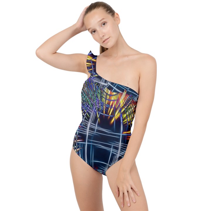 Color-background-structure-lines- Frilly One Shoulder Swimsuit