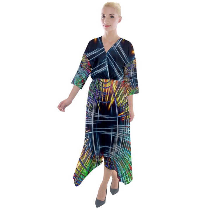 Color-background-structure-lines- Quarter Sleeve Wrap Front Maxi Dress