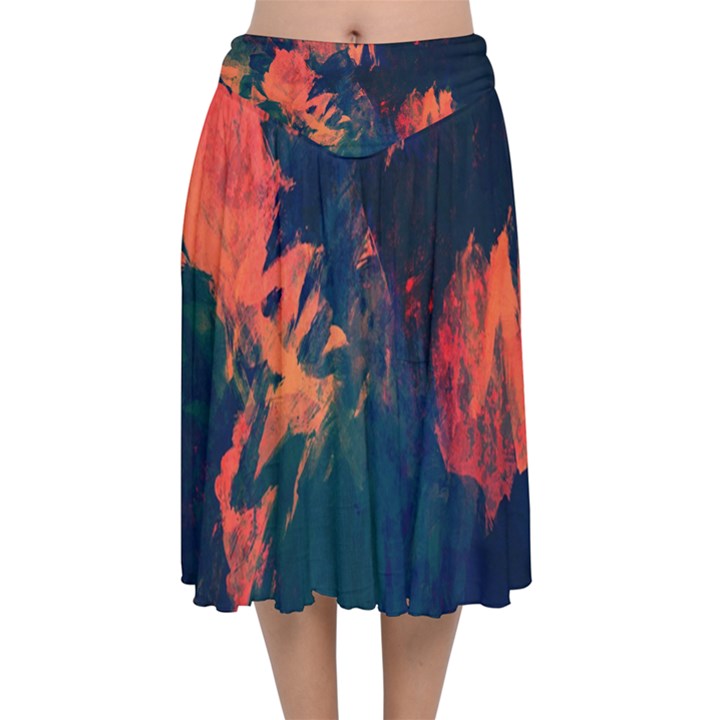 Background-abstrac Orange Velvet Flared Midi Skirt