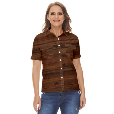 Texture-dark Wood Women s Short Sleeve Double Pocket Shirt by nateshop