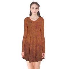 Brown Long Sleeve V-neck Flare Dress by nateshop