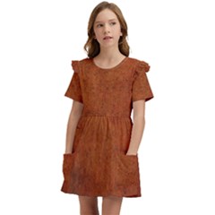 Brown Kids  Frilly Sleeves Pocket Dress