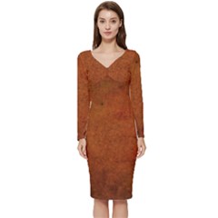 Brown Long Sleeve V-neck Bodycon Dress 