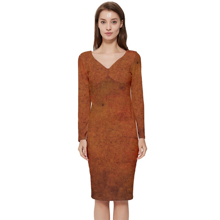 Brown Long Sleeve V-Neck Bodycon Dress 